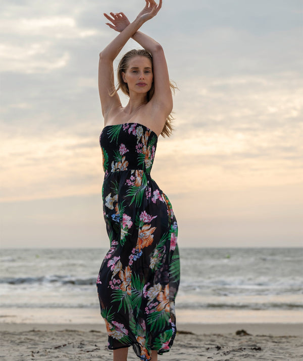 Murcia - Black and Pink Tropical Print Bandeau Maxi Dress