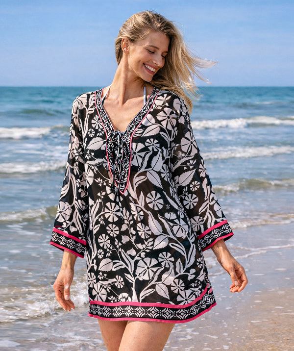 Mykonos - Monchrome Floral Print Beach Cover Up