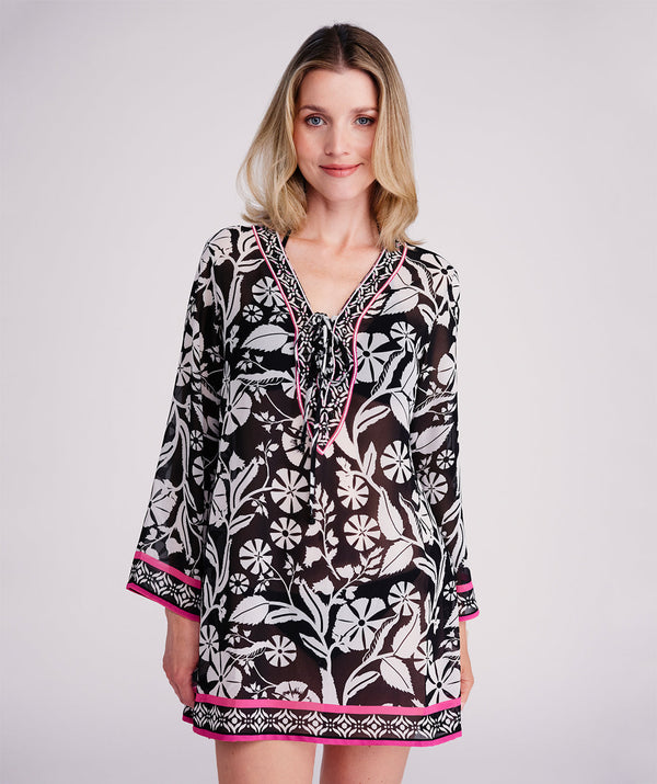 Mykonos - Monchrome Floral Print Beach Cover Up