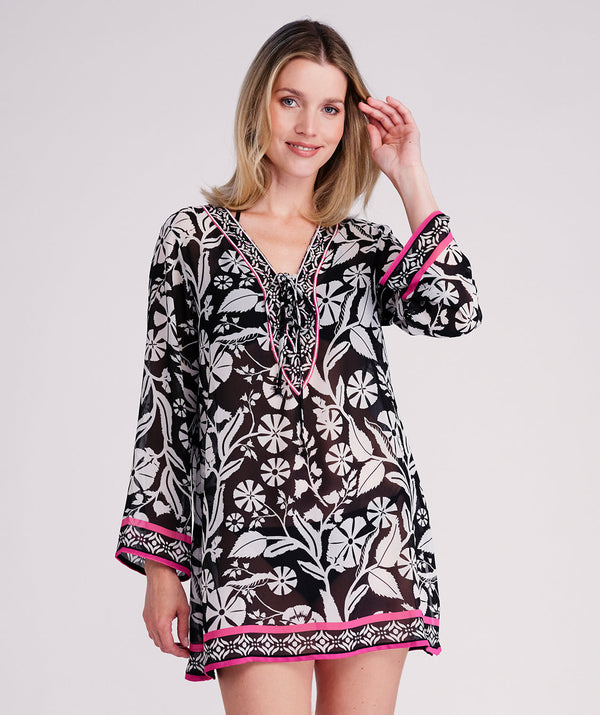 Mykonos - Monchrome Floral Print Beach Cover Up