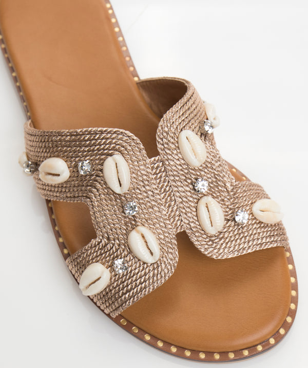 Tan Slider Sandals with Shell Embellishments and Metallic Woven Fabric