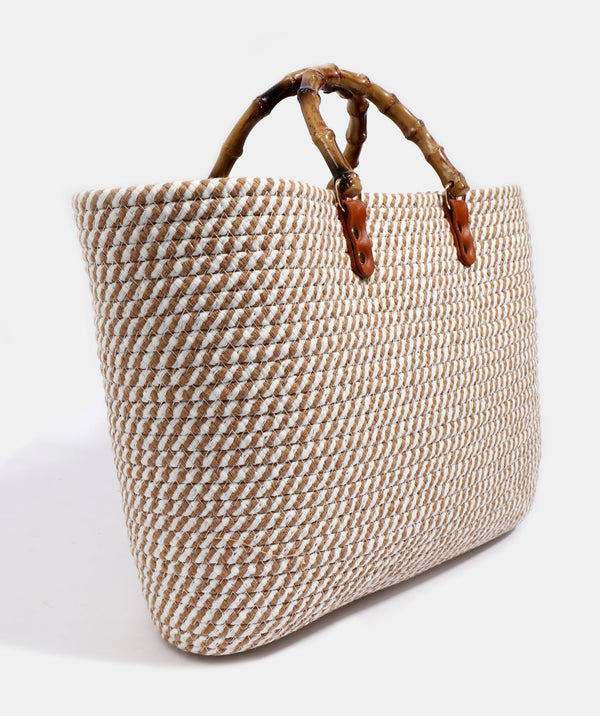 Narina - Tan White Striped Tote Bag mit Bambusgriffen