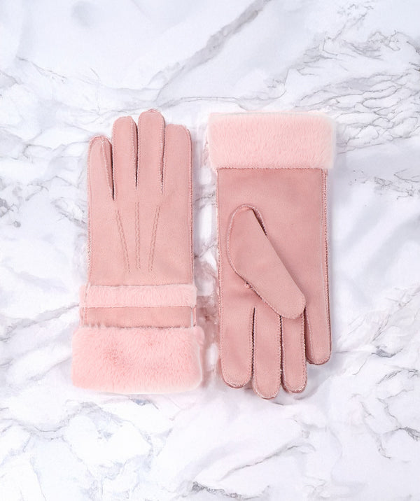Nevada - Blush roze faux suede handschoenen met faux bontafwerking