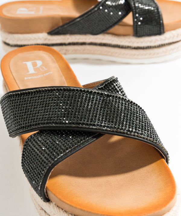 Black Rhinestone Embellished Slip-On Sandals with Wedged Sole