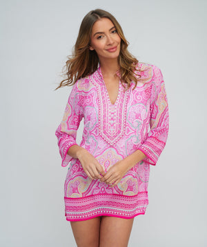 Pink Paisley-Patterned Beach Tunic with Embellished Neckline