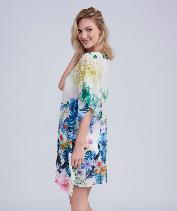 Blue Floral Print Midi Length Cover Up with Beaded Embellishment