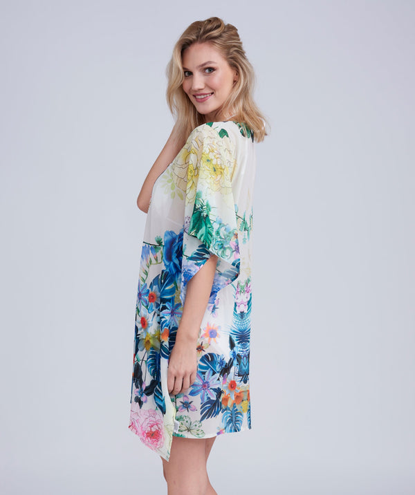 Paradiso - Blue Floral Print Midi Length Cover Up with Beaded Embellishment