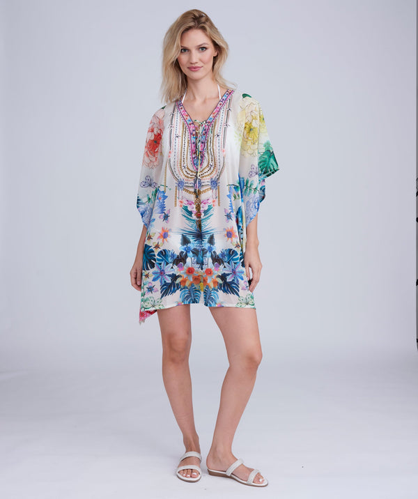 Paradiso - Blue Floral Print Midi Length Cover Up with Beaded Embellishment