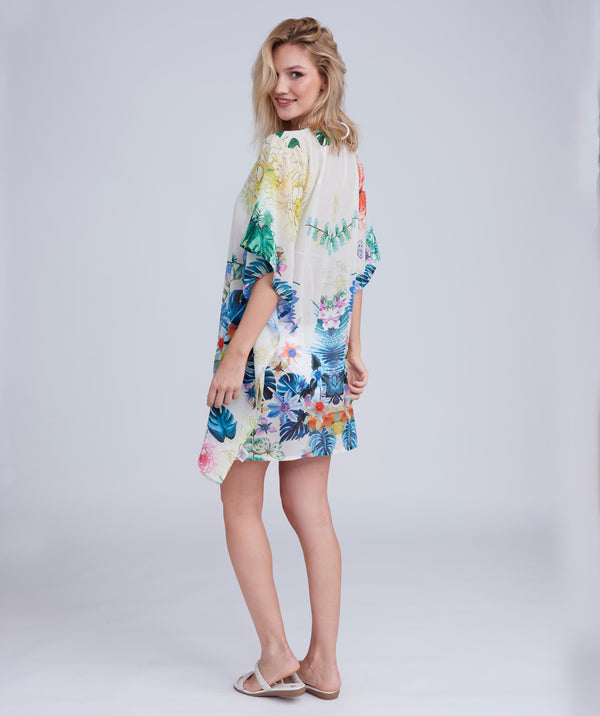 Blue Floral Print Midi Length Cover Up with Beaded Embellishment