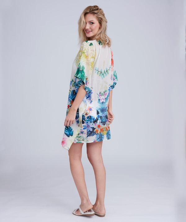 Paradiso - Blue Floral Print Midi Length Cover Up with Beaded Embellishment
