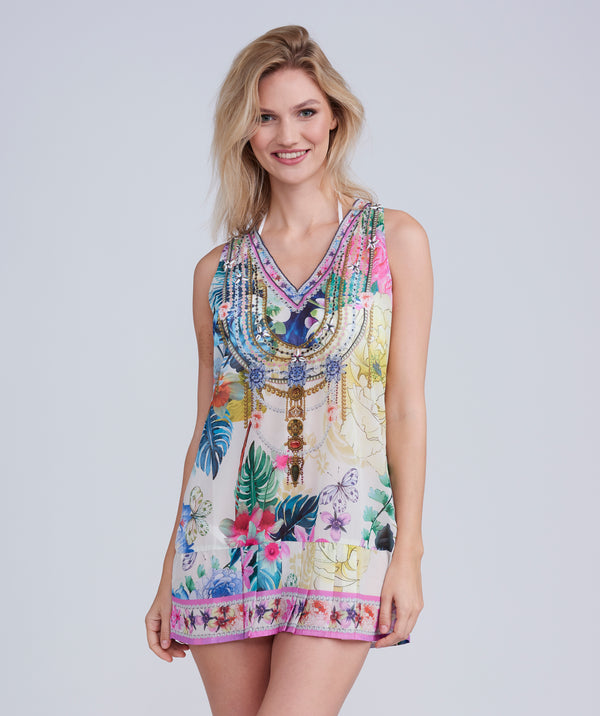 Blue Tropical Floral Print Dress with Embellished Beading