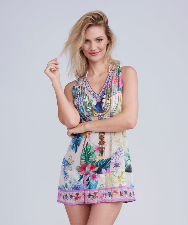 Paradiso - Blue Tropical Floral Print Dress with Embellished Beading