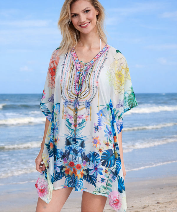 Paradiso - Blue Floral Print Midi Length Cover Up with Beaded Embellishment