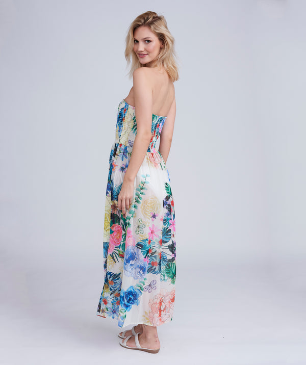 Blue Floral Print Maxi Dress with Elasticated Bandeau Top