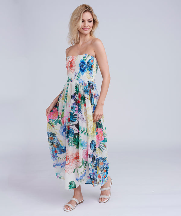 Blue Floral Print Maxi Dress with Elasticated Bandeau Top