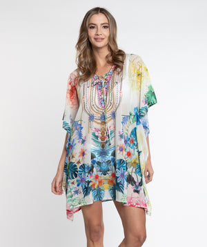 Pink Floral Tropical Print Midi Length Cover Up with Beaded Embellishment