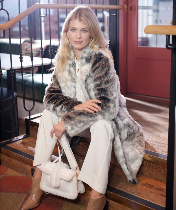 Snow Leopard Faux Fur Midi Length Coat