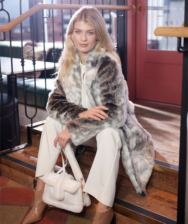 Snow Leopard Longline Faux Fur Coat