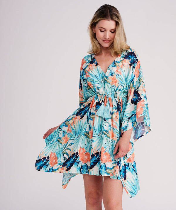 Pasadena - Pale Turquoise Tropical Print Summer Kaftan