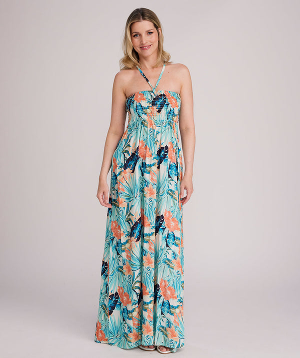 Pasadena - Lichtturquoise tropische maxi-jurk met halternek