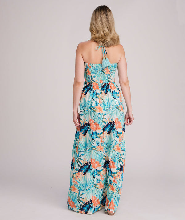 Pasadena - Lichtturquoise tropische maxi-jurk met halternek