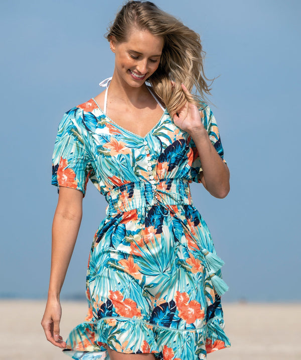 Pasadena - Pale Turquoise Tropical Print Beach Dress