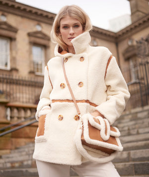 Cream Borg Coat with Tan Faux Suede Details