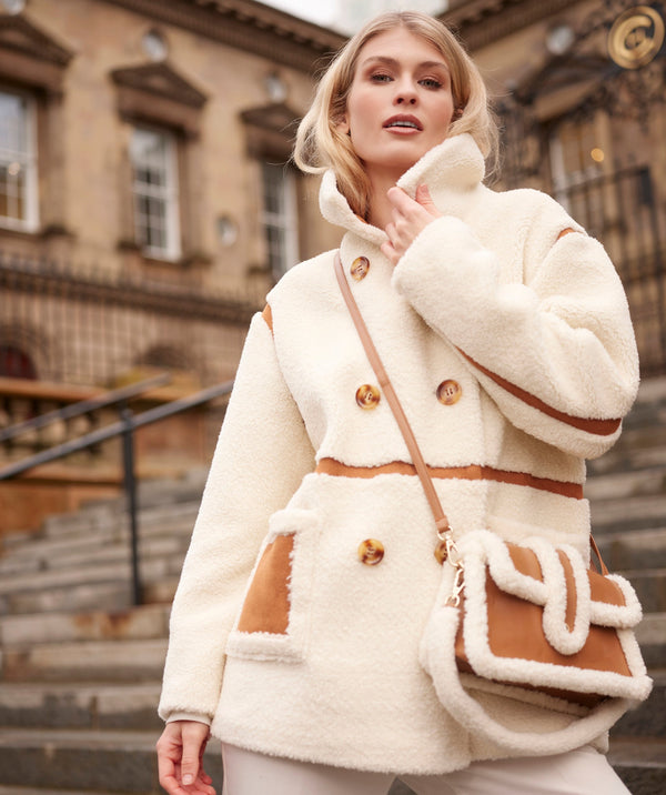 Phoenix - Cream Borg Coat with Tan Faux Suede Details