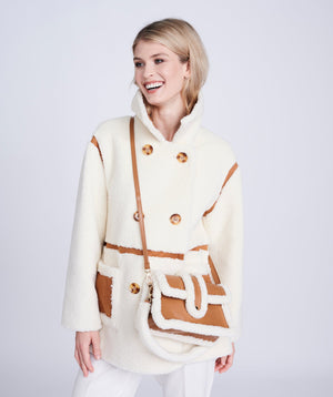 Cream Borg Coat with Tan Faux Suede Details