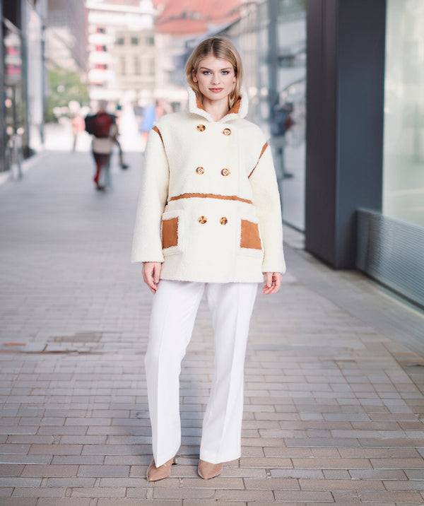 Phoenix - Cream Borg Coat with Tan Faux Suede Details