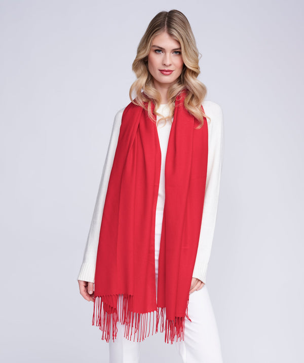 Pia - Red Italian Pashmina with Twisted Fringes