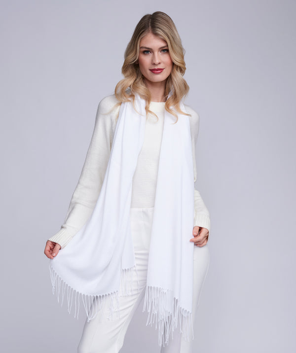 Pia - Pashmina Italien Blanc à Franges Torsadées