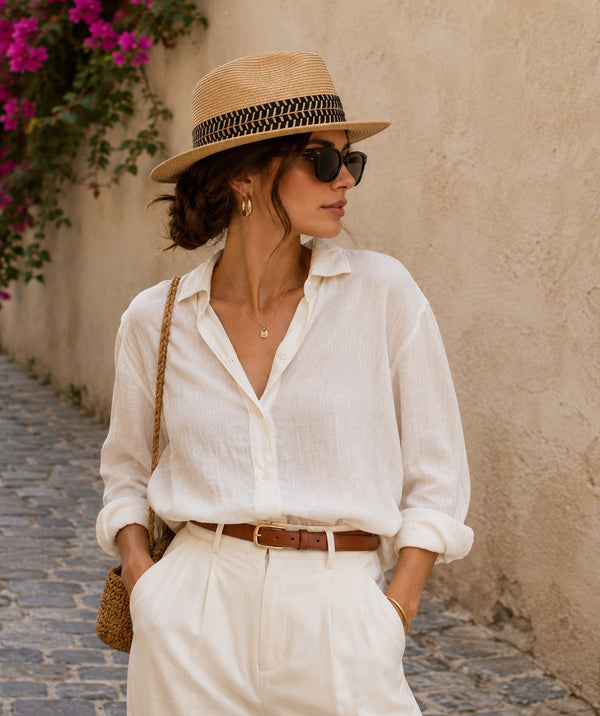 Natural straw fedora hat with ribbon trim, adjustable fit and UPF 50 sun protection for beach, holiday and summer outdoor wear.