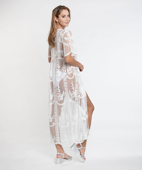 White Lace Beach Kimono with Eyelet Trims and Tie Closure