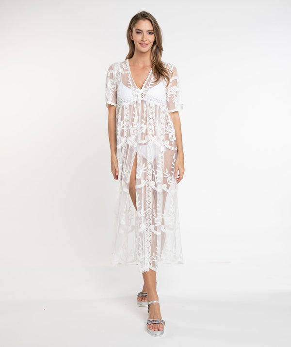 White Lace Beach Kimono with Eyelet Trims and Tie Closure