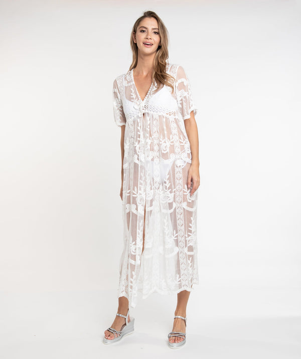 White Lace Beach Kimono with Eyelet Trims and Tie Closure