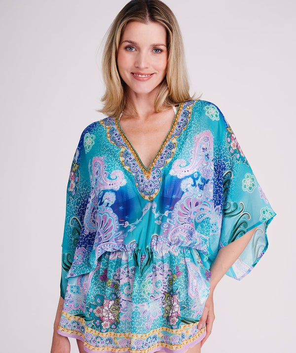 Ravenna - Pale Turquoise Tropical Print Beach Kaftan