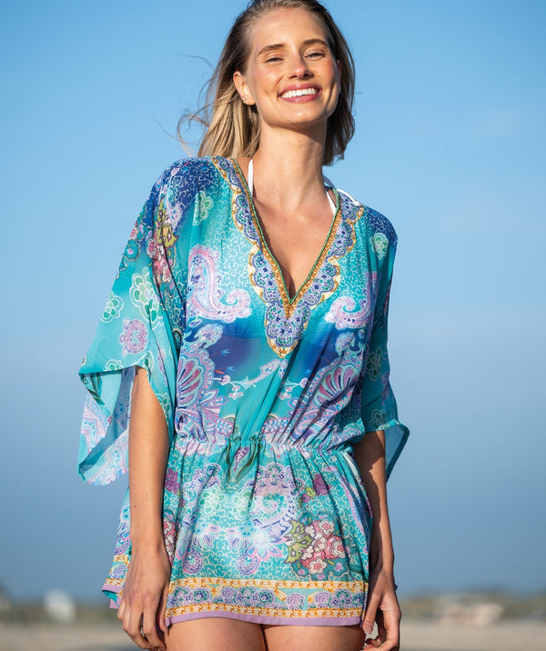 Ravenna - Pale Turquoise Tropical Print Beach Kaftan