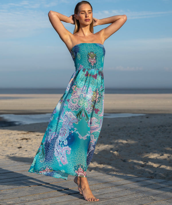 Ravenna - Pale Turquoise Tropical Print Bandeau Maxi Dress