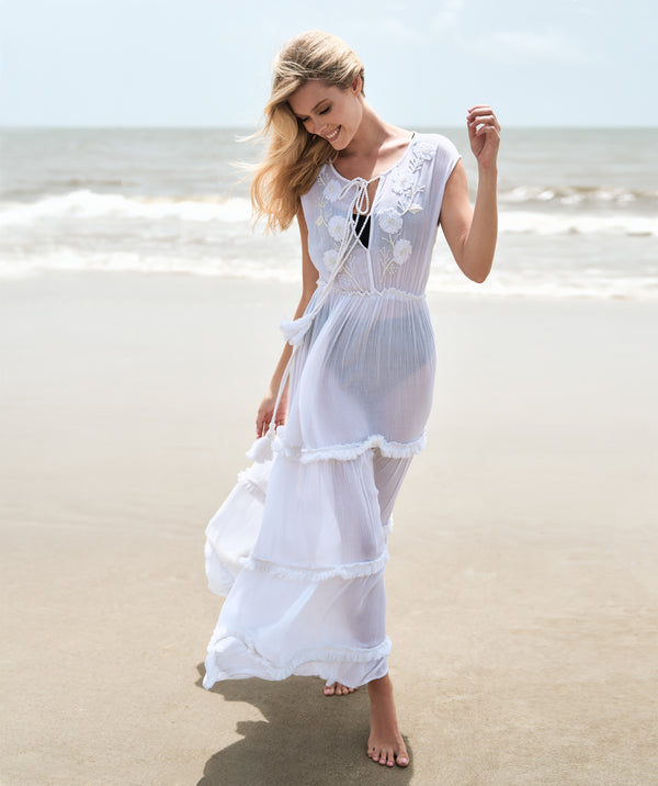 Recife - White Beaded Beach Maxi Dress