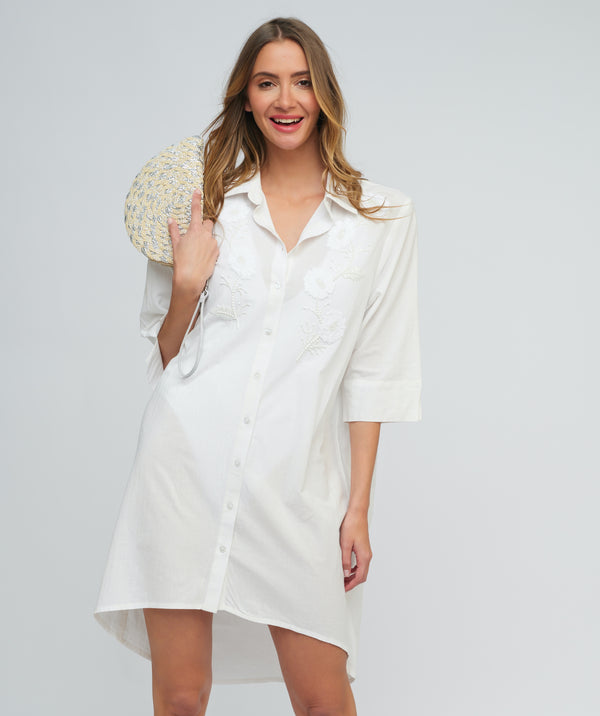 Recife - White Beaded Beach Shirt Dress