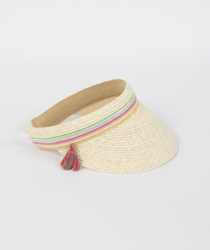 Ivory Straw Visor with Striped Band Detail and Elasticated Band