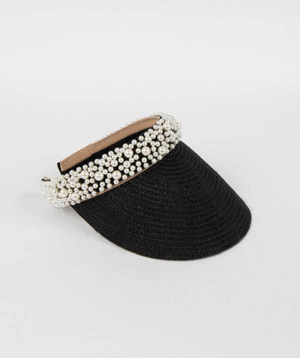 Rita - Black Headband Visor with Pearl Embellishments