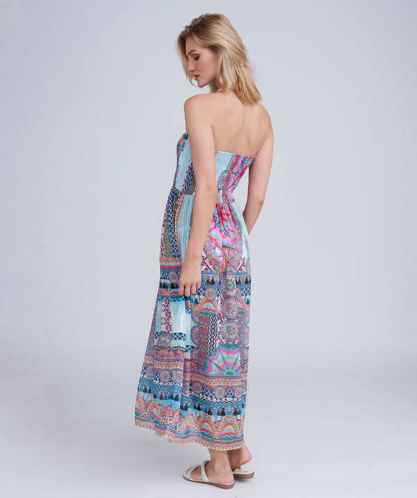 Rocco - Vestido maxi sem alças com estampas de astecas turquesas pálidas