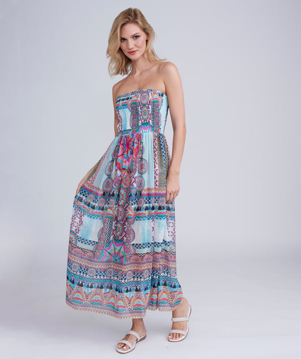Rocco - Vestido maxi sem alças com estampas de astecas turquesas pálidas