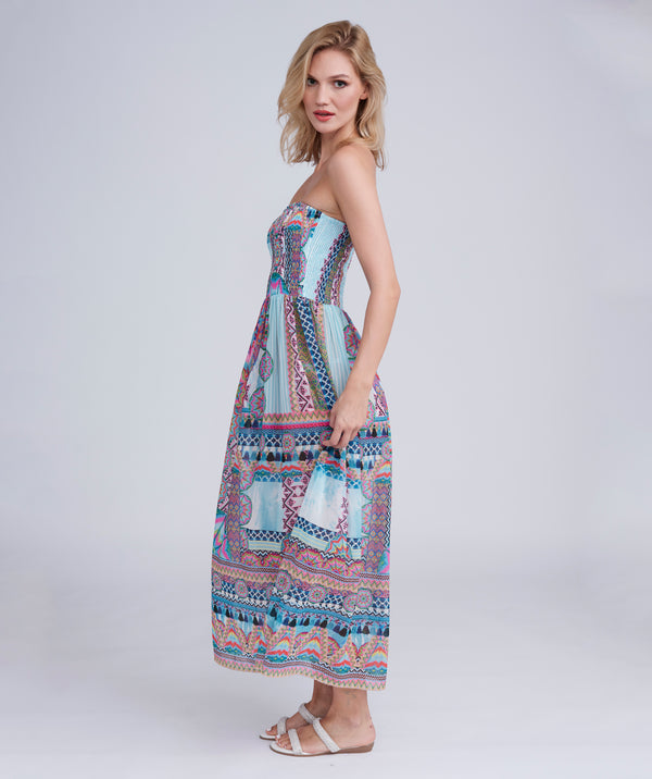 Rocco - Vestido maxi sem alças com estampas de astecas turquesas pálidas