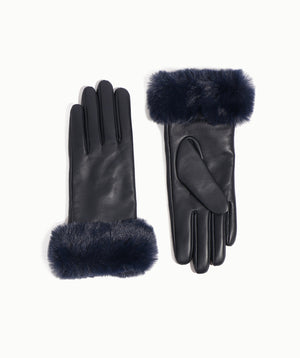 Navy Leather Gloves with Faux Fur Cuff and Cosy Lining