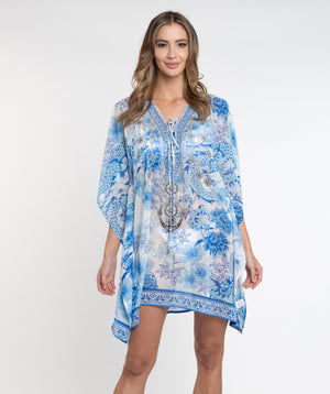 Blue Midi Cover Up with Tile Print and Beaded Embellishments