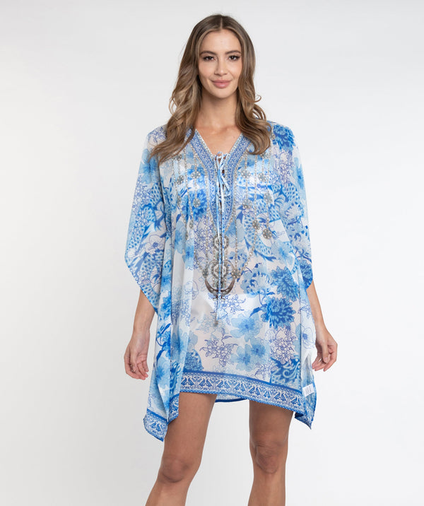 Blue Midi Cover Up with Tile Print and Beaded Embellishments