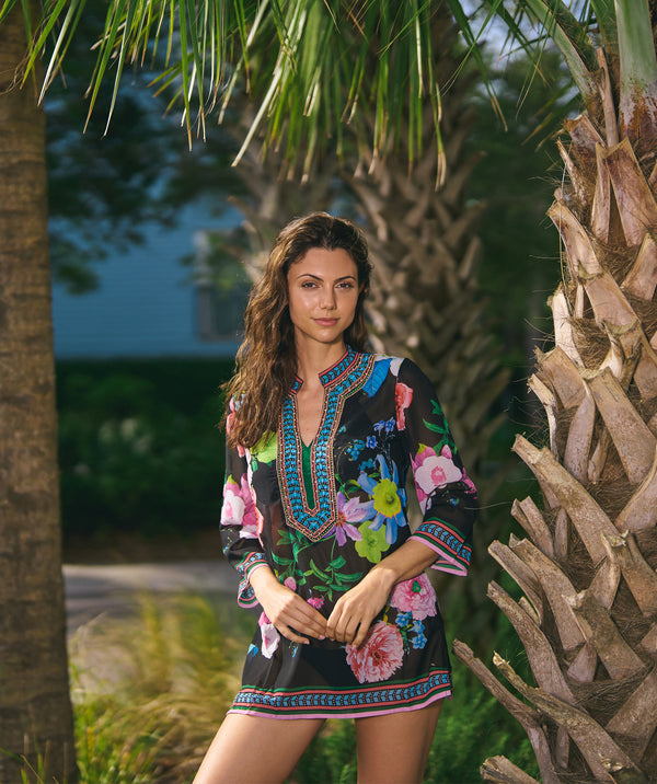 Black/Pink Floral Print Cover Up with Beaded Embellishment